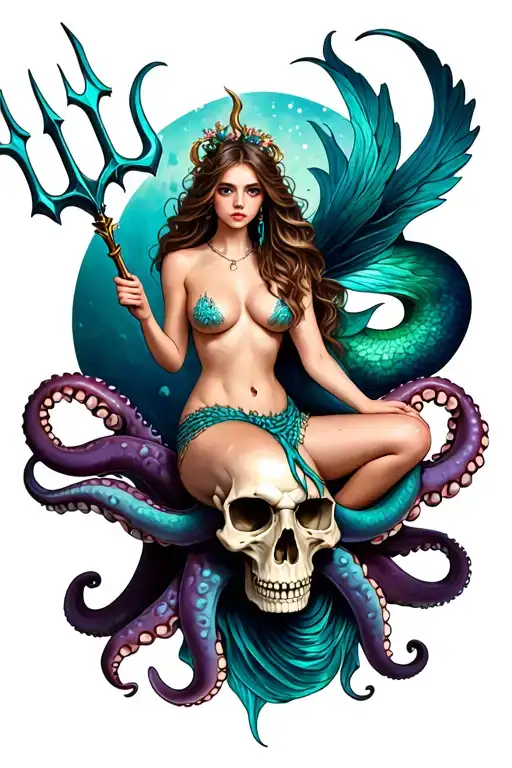 A siren mermaid is sitting on an octopus/skull hybrid and is holding a trident tattoo design idea