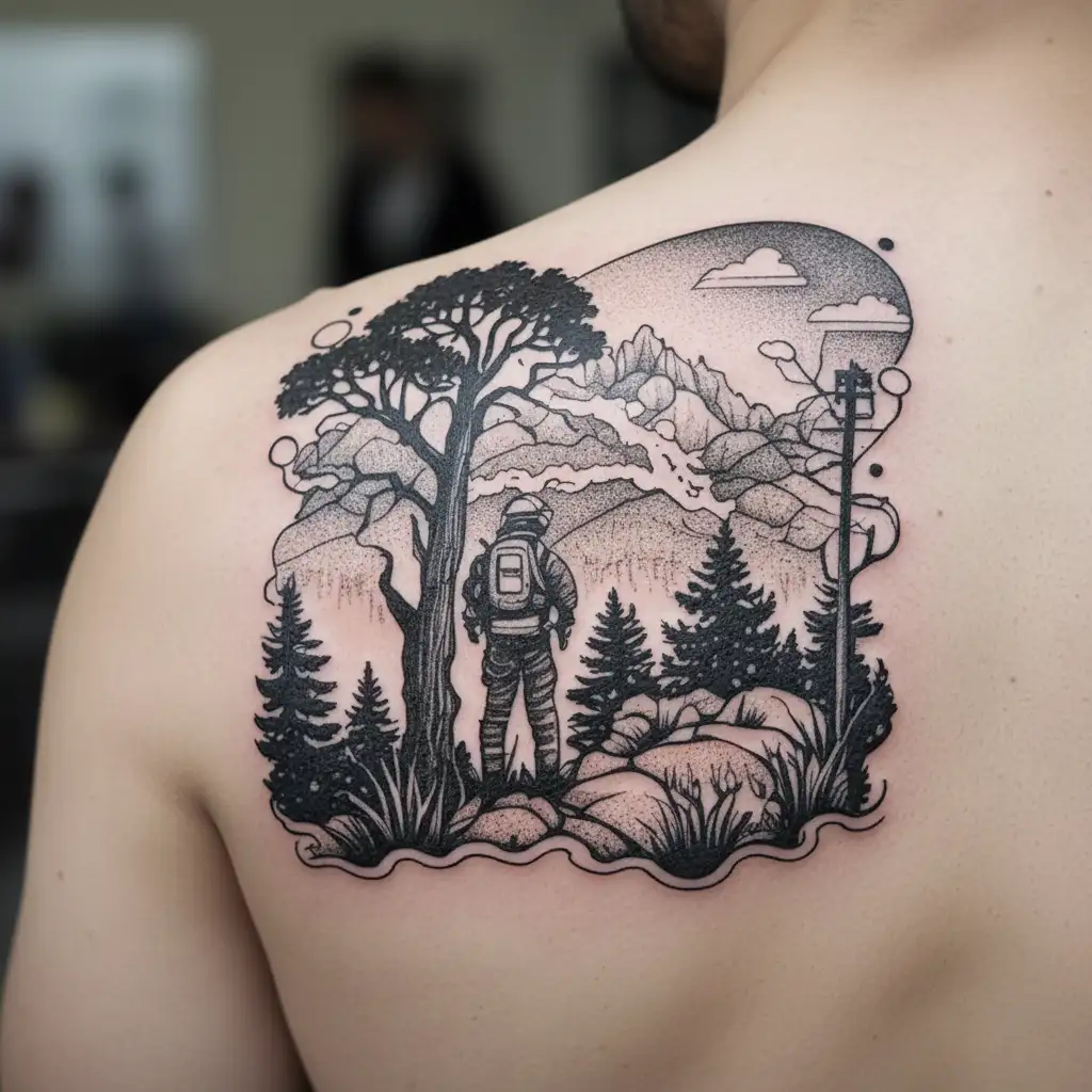 A majestic forest scene with a firefighter battling a wildfire, with the Hollywood sign in the background tattoo design idea