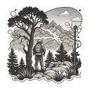 A majestic forest scene with a firefighter battling a wildfire, with the Hollywood sign in the background tattoo design idea