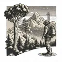 A majestic forest scene with a firefighter battling a wildfire, with the Hollywood sign in the background tattoo design idea