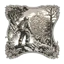 A majestic forest scene with a firefighter battling a wildfire, with the Hollywood sign in the background tattoo design idea