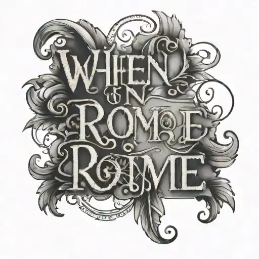 "when in Rome" text in times new Roman thigh tattoo tattoo design idea