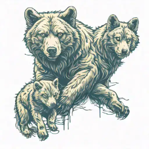 bear wolves bear cubs playing tattoo design idea
