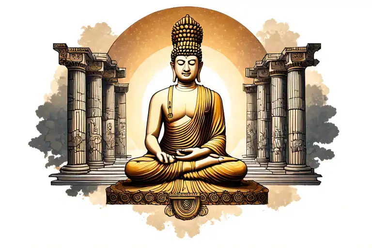 Buddha in the center, sitting in a meditative pose.Top right: a combination of Cyrus the Great, the columns of Persepo tattoo design idea