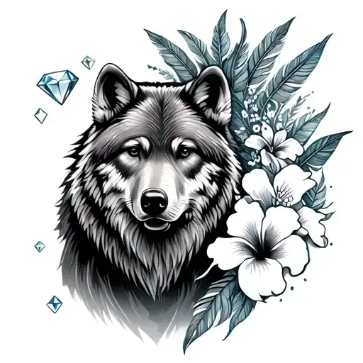 Wolf, bear, diamonds, feathers and hibiscus flowers tattoo design idea