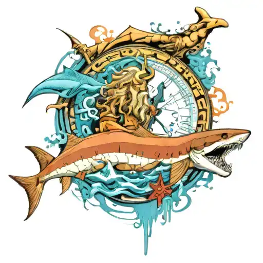 Poseidon in the water with sturgeon swimming with sharks in the city add a hour glass and compass  tattoo design idea
