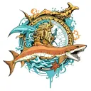 Poseidon in the water with sturgeon swimming with sharks in the city add a hour glass and compass  tattoo design idea