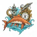 Poseidon in the water with sturgeon swimming with sharks in the city add a hour glass and compass  tattoo design idea