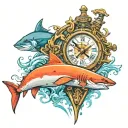 Poseidon in the water with sturgeon swimming with sharks in the city add a hour glass and compass  tattoo design idea