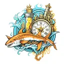 Poseidon in the water with sturgeon swimming with sharks in the city add a hour glass and compass  tattoo design idea