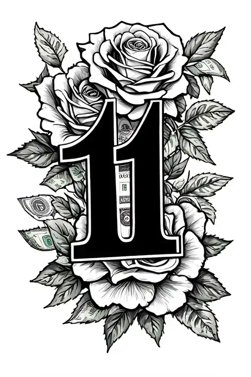 Hustle type tattoo containing money, roses, the lucky number 111, something symbolizing that i have big plans in my life tattoo design idea