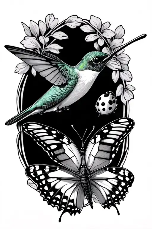 Hummingbird, Butterfly and ladybug perched tattoo design idea