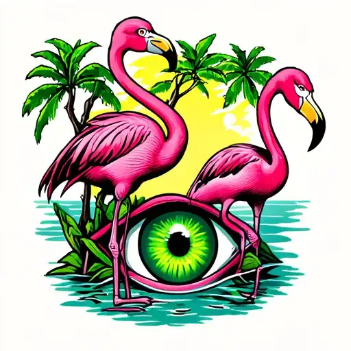 arm sleeve with mangrove tree, two pink flamingo, and green eyeball in bend of arm  tattoo design idea