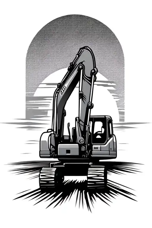 A stylized silhouette of an excavator against a sunset backdrop, with bold lines and shading to emphasize the machine's power and presence tattoo design idea