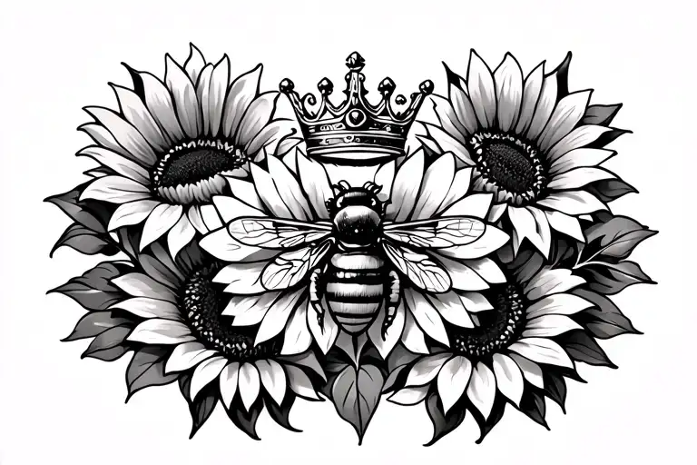 chest piece that is symmetrical and has a crown, a queen bee and sunflowers tattoo design idea