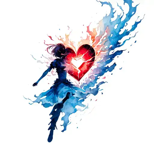 Bold anime silhouette charging forward with a glowing aura; behind, a breaking heart shatters into swirling energy trail tattoo design idea