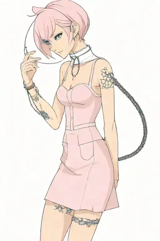 Sissy Slave Pink Leather Collar-with-chain-leash Pixie-cut Brown Hair Blue Eyes Flat Chest full body bra skirt pink tattoo design idea