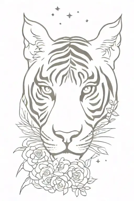 half tiger's face with flowes and galaxy filled with stars tattoo design idea