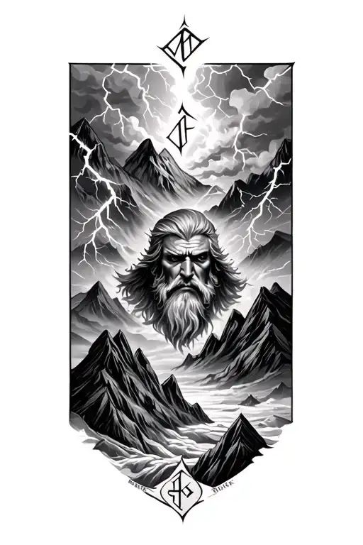Norwegian myth with a old warrior, mountains, dark clouds,, lightning and runes of the letters M, J and F tattoo design idea