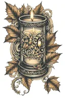 autumn leaves swirling around a burning candle tattoo design idea