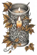 autumn leaves swirling around a burning candle tattoo design idea