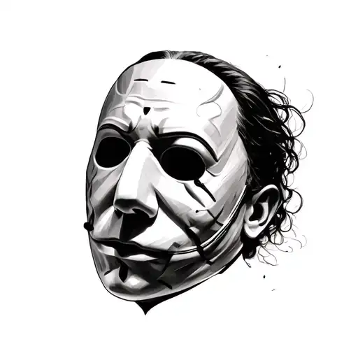 realistic michael myers face  with mask on looking down to the right side  tattoo design idea