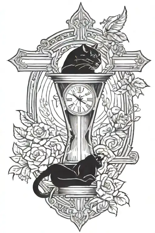 Hour glass surrounded with jesus or a cross and the word sonder and a black panther incorperted into it. tattoo design idea