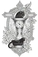 Hour glass surrounded with jesus or a cross and the word sonder and a black panther incorperted into it. tattoo design idea