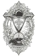 Hour glass surrounded with jesus or a cross and the word sonder and a black panther incorperted into it. tattoo design idea