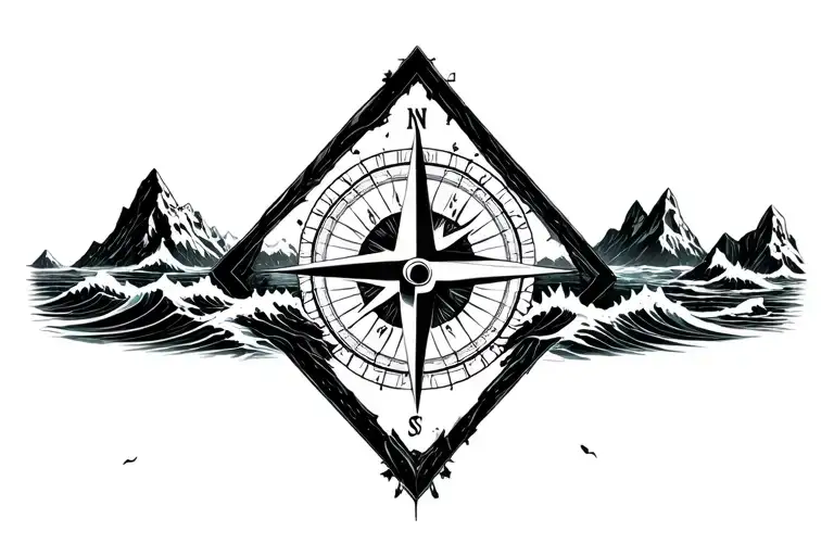 large compass surrounded by intricate geometric mountains and crashing waves, black and white, triangle frame tattoo design idea