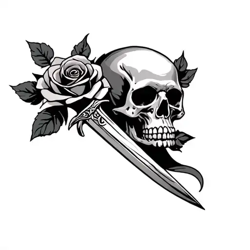 The dagger pokes the skull in the roses tattoo design idea