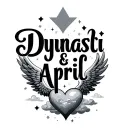 "Dynasti & April" name in shape of heart with wings and clouds and stars tattoo design idea