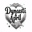 "Dynasti & April" name in shape of heart with wings and clouds and stars tattoo design idea
