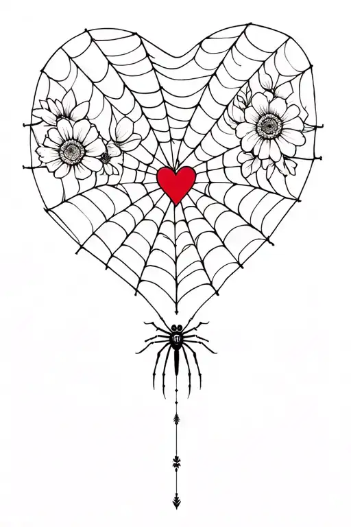 heart spider web with a heart in the middle and aspider,honeysuckle,roses,daisies  tattoo design idea