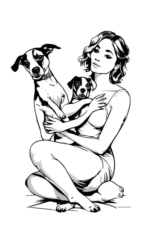 lady holding small dogs playing tattoo design idea