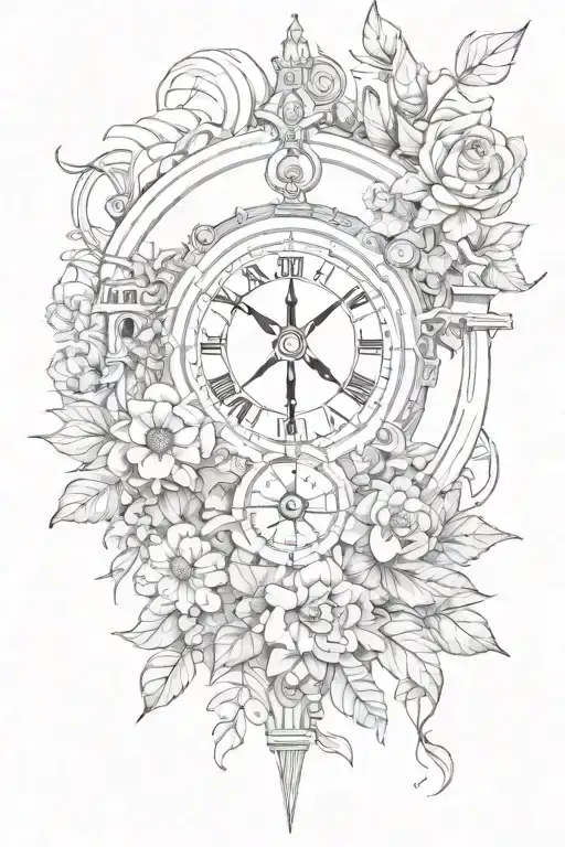 Tattoo Featuring Roman Buildings, And Compass Surrounded By Flowers And Vines tattoo design idea