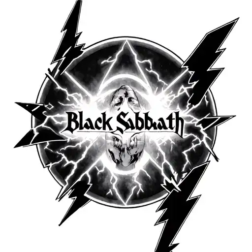 detailed Black Sabbath black, white and grey tattoo including the Black Sabbath symbol, realistic lightening bolts, fa tattoo design idea