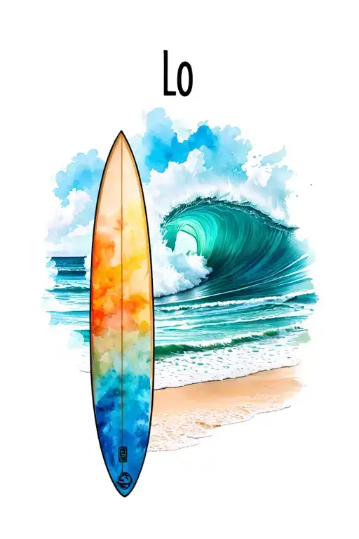 Surfboard with a beach and wave as the motif, and the letters "LO" at the top of the surfboard. tattoo design idea