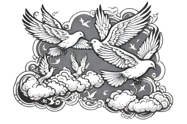 clouds and doves flying tattoo design idea