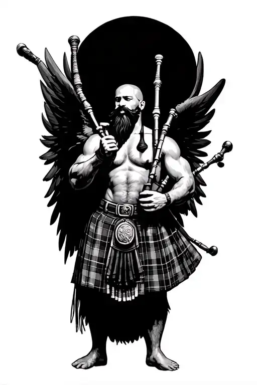 legless shirtless muscular bagpiper bald black beard playing bagpipes hoge black wings tattoo design idea