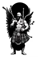legless shirtless muscular bagpiper bald black beard playing bagpipes hoge black wings tattoo design idea