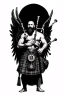 legless shirtless muscular bagpiper bald black beard playing bagpipes hoge black wings tattoo design idea