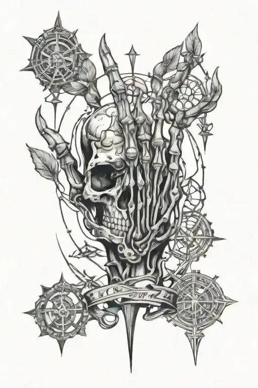 Filagree skeletal hand with black and cracked gemstones, and some sigils tattoo design idea