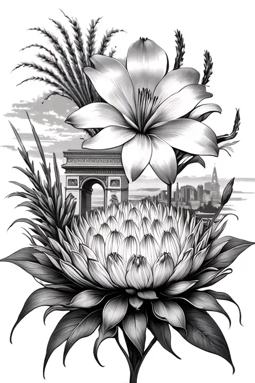  lilly flowers, Skyline, A Protea,windmill, tumbleweeds, Arc de Triomphe, Table Mountain tattoo design idea