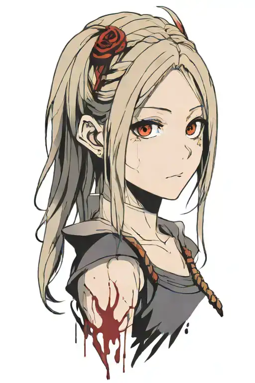 Dark Souls with hair with pigtails with blood on face Shoulder portrait tattoo design idea
