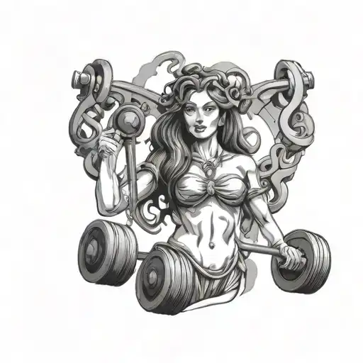 Create an image of my tattoo idea.. Full body image of The libra lady holding the weights on either hand with the Medusa tattoo design idea