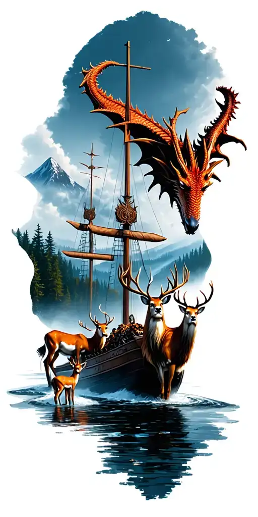 viking ship in a cove, forrest with a herd of deer, 1 stag 2 does and a fawn, mountains with a dragon. make it realistic tattoo design idea