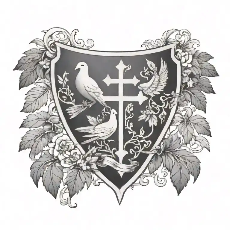coat of arms pair of wing dove mantling, cross in shield  tattoo design idea