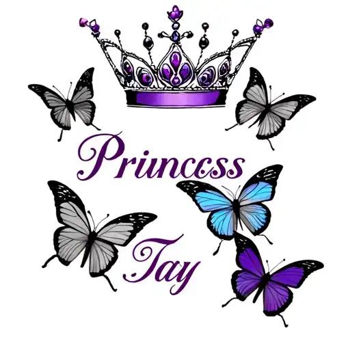 "Princess Tay" "Princess Tay" butterflies and purple princess crown surrounded tattoo design idea