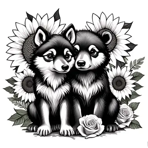  cute baby wolf and bear sitting with sunflowers and roses. black tattoo design idea